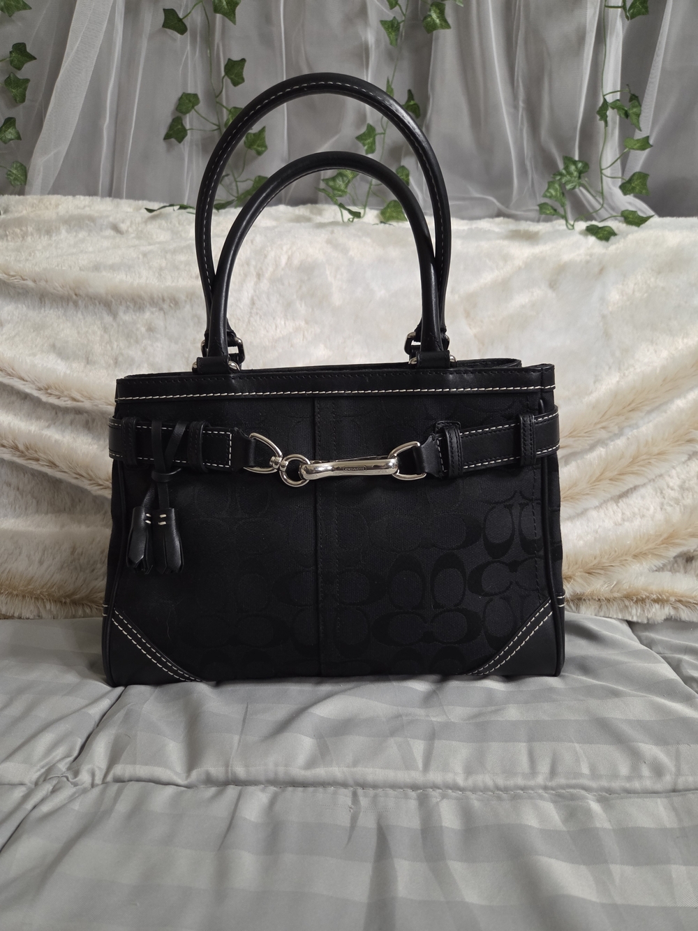 Coach Hampton Black Signature Canvas Satchel